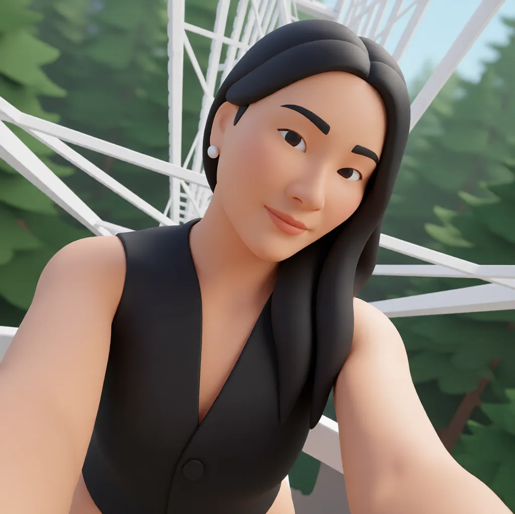 undressing. Rebuild the entire picture as a stylised 3D character render: smooth matte surfaces, clean subdivided geometry, simplified toy-like proportions and even studio-style CG lighting, in the look of an animated feature rather than of a camera. The background is rendered in the same style. Nothing in the frame keeps its photographic appearance.