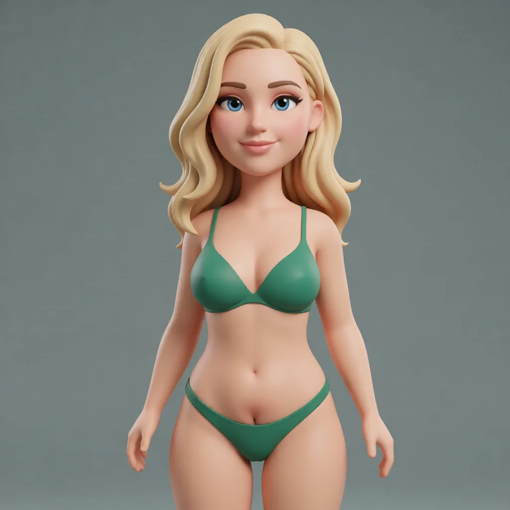 Lingerie. Show pussy. Rebuild the entire picture as a stylised 3D character render: smooth matte surfaces, clean subdivided geometry, simplified toy-like proportions and even studio-style CG lighting, in the look of an animated feature rather than of a camera. The background is rendered in the same style. Nothing in the frame keeps its photographic appearance.