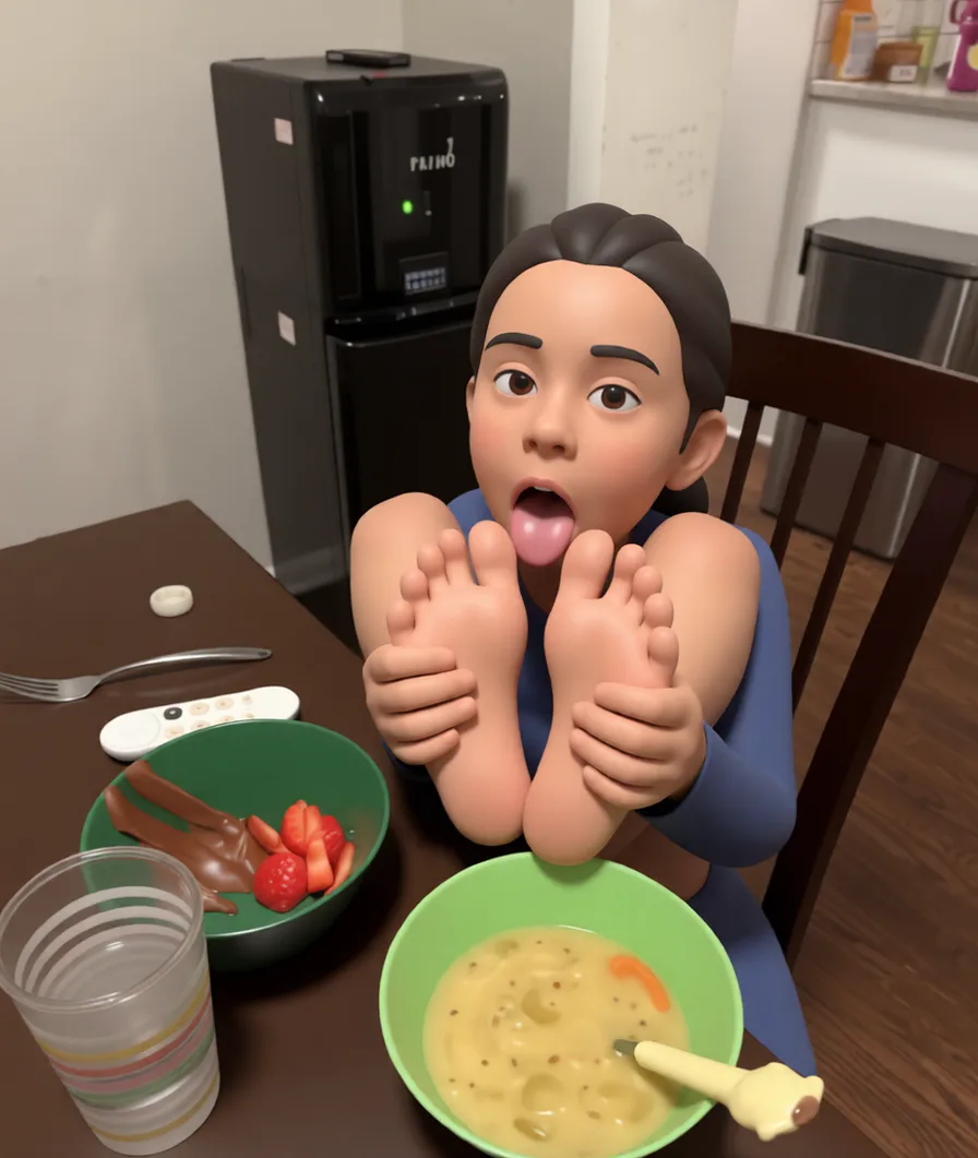 cum_in_mouth. Rebuild the entire picture as a stylised 3D character render: smooth matte surfaces, clean subdivided geometry, simplified toy-like proportions and even studio-style CG lighting, in the look of an animated feature rather than of a camera. The background is rendered in the same style. Nothing in the frame keeps its photographic appearance.