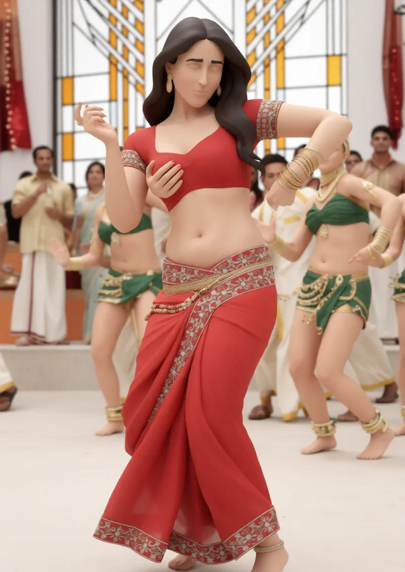 groping her breasts. Rebuild the entire picture as a stylised 3D character render: smooth matte surfaces, clean subdivided geometry, simplified toy-like proportions and even studio-style CG lighting, in the look of an animated feature rather than of a camera. The background is rendered in the same style. Nothing in the frame keeps its photographic appearance.