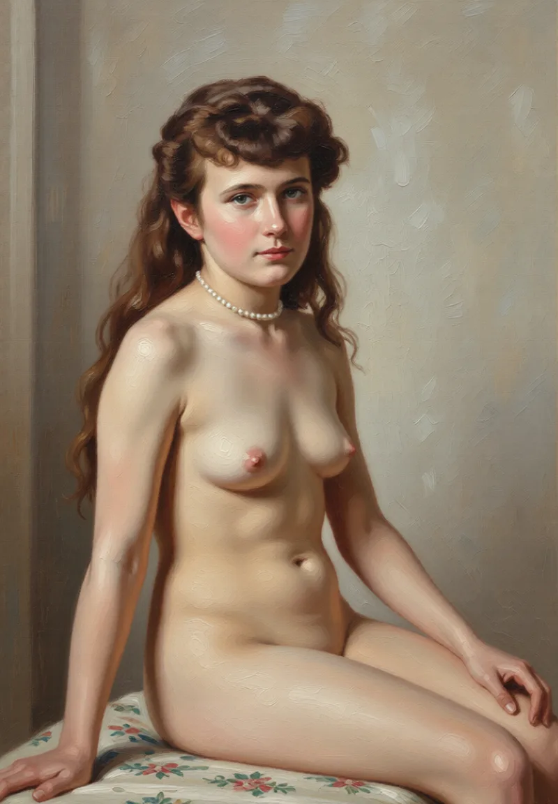 Full nude remove all clothes and show her body. High quality detailed. Repaint the entire picture as an oil painting: visible brush strokes, blended pigment, canvas texture and soft painterly edges throughout, including on the face and the background. Nothing in the frame keeps its photographic appearance.