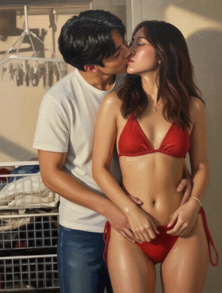 nude. Repaint the entire picture as an oil painting: visible brush strokes, blended pigment, canvas texture and soft painterly edges throughout, including on the face and the background. Nothing in the frame keeps its photographic appearance.