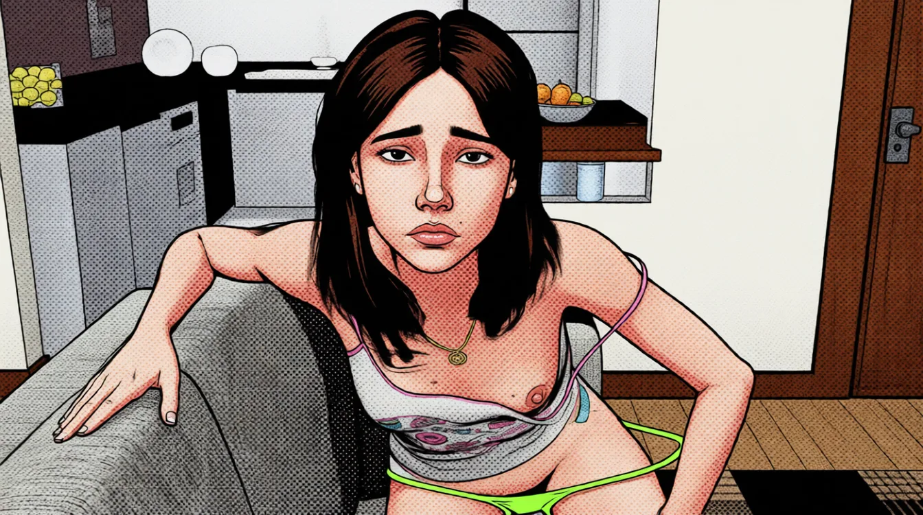 have her pulling down a neon green pair of thong g-string underwear. Redraw the entire picture as western comic-book art: heavy black inked outlines, hard-edged cel shading, limited high-contrast colour and visible halftone dot texture. The background is drawn in the same style. Nothing in the frame keeps its photographic appearance.