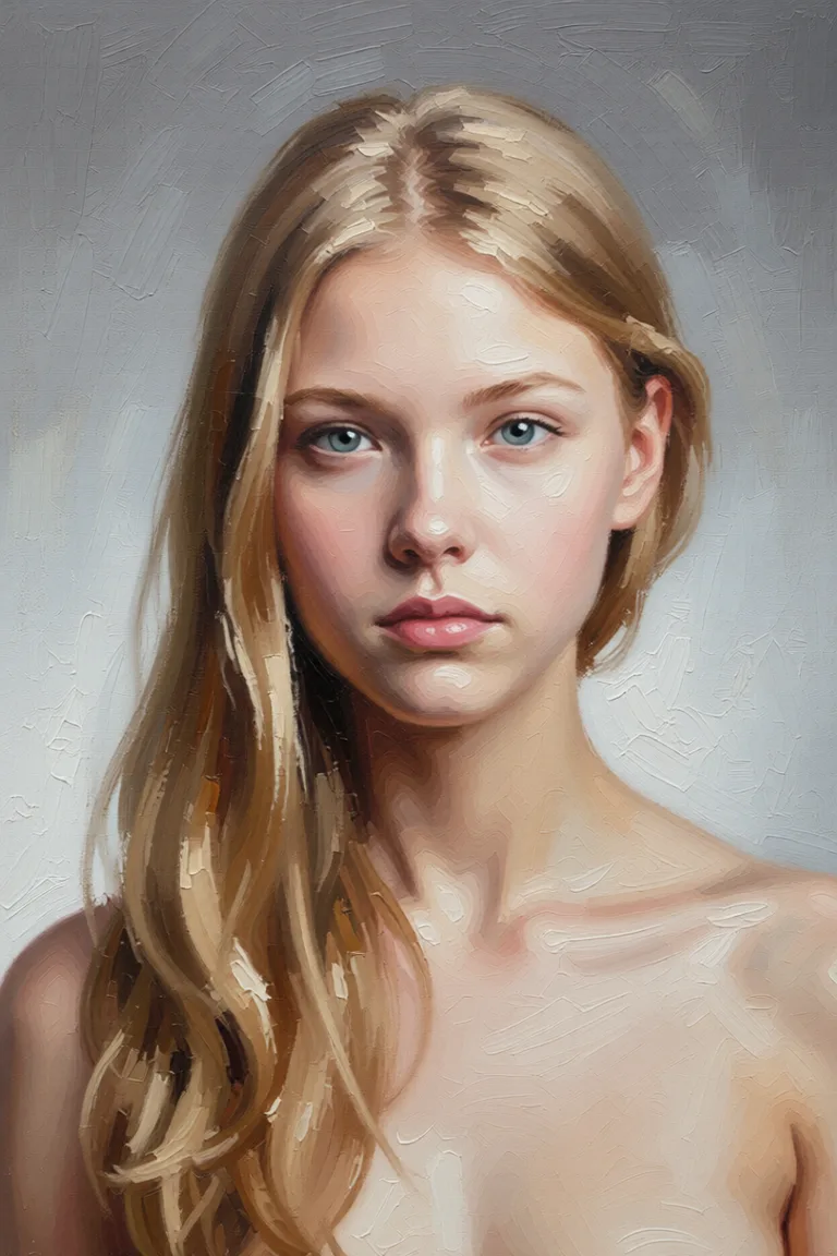 Full nude remove all clothes and show her body. High quality detailed. Repaint the entire picture as an oil painting: visible brush strokes, blended pigment, canvas texture and soft painterly edges throughout, including on the face and the background. Nothing in the frame keeps its photographic appearance.