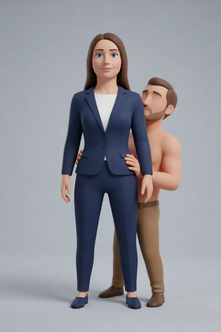 Мужчина сзади делает ей стоячий rimjob. Rebuild the entire picture as a stylised 3D character render: smooth matte surfaces, clean subdivided geometry, simplified toy-like proportions and even studio-style CG lighting, in the look of an animated feature rather than of a camera. The background is rendered in the same style. Nothing in the frame keeps its photographic appearance.