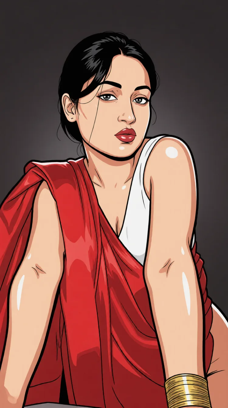 nude. Redraw the entire picture as hentai artwork: bold ink outlines, saturated flat colour, glossy cel shading and exaggerated stylised anatomy in the usual manga proportions. The background is drawn in the same style. Nothing in the frame keeps its photographic appearance.