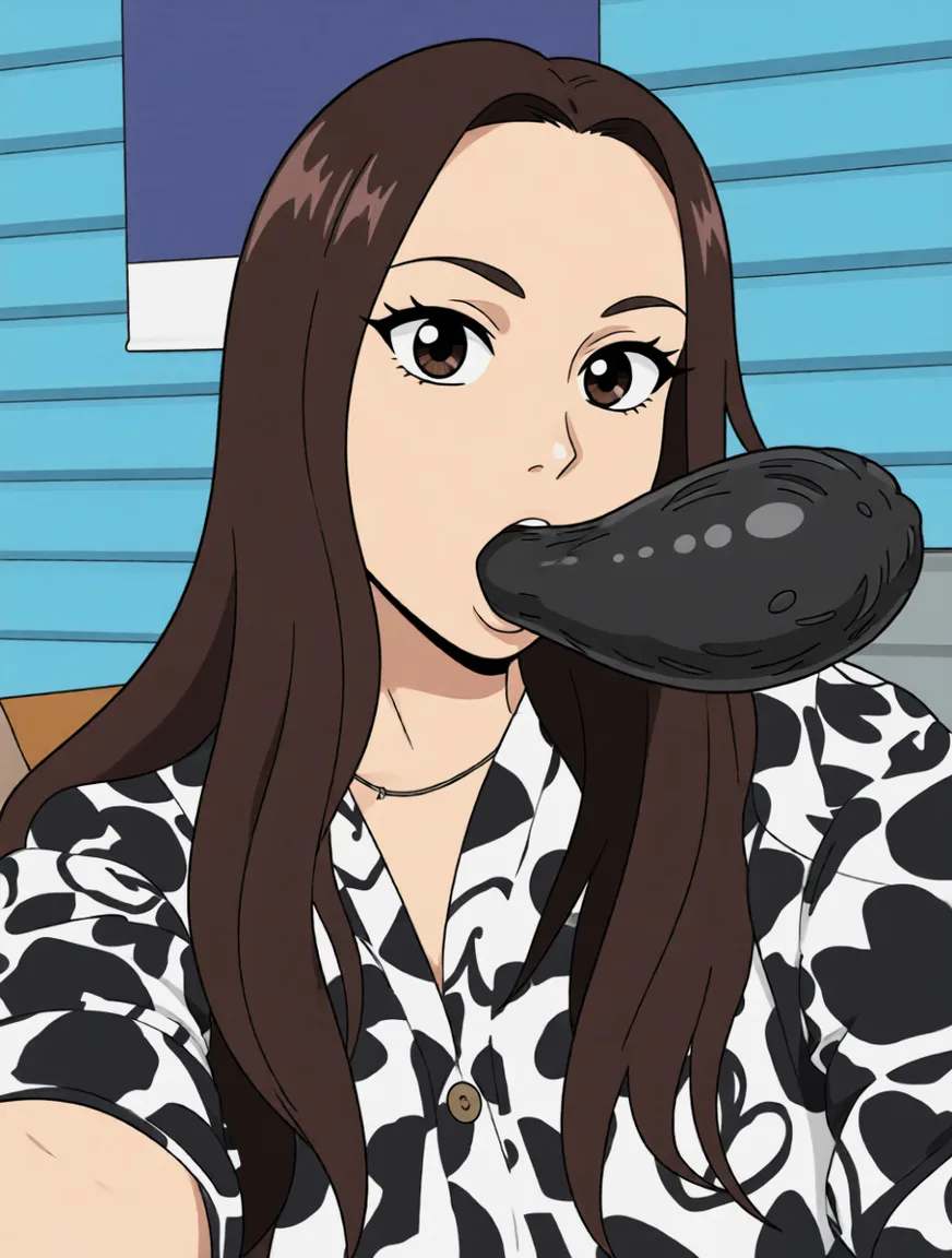 Big black cock inserted in her mouth, keep scene, keep clothing, keep face, maximum. Redraw the entire picture as 2D anime artwork: clean cel shading, flat blocks of colour, crisp ink line art, large stylised eyes, simplified anime facial features and simplified anime hair. The background is drawn in the same anime style. Nothing in the frame keeps its photographic appearance.