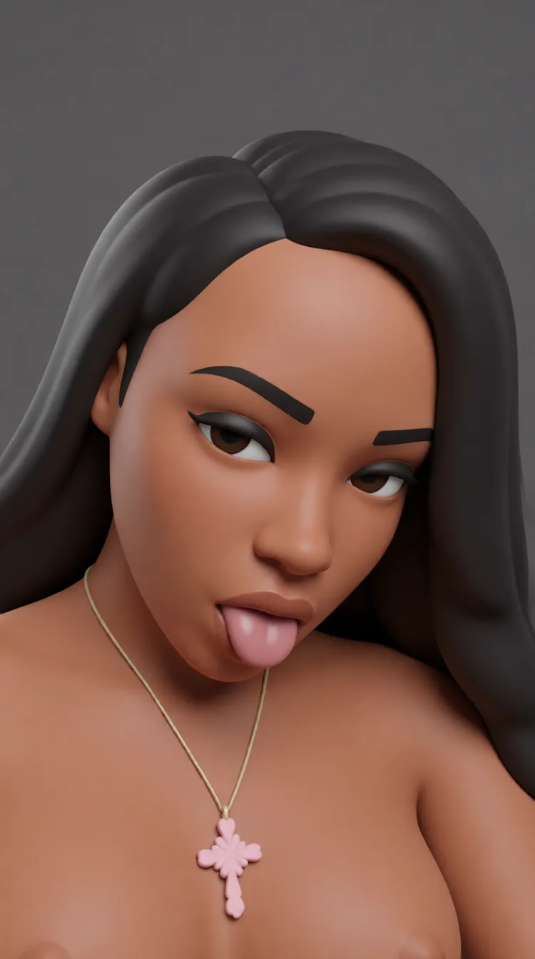 Naked and tongue_out. Rebuild the entire picture as a stylised 3D character render: smooth matte surfaces, clean subdivided geometry, simplified toy-like proportions and even studio-style CG lighting, in the look of an animated feature rather than of a camera. The background is rendered in the same style. Nothing in the frame keeps its photographic appearance.