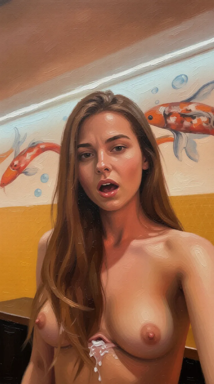 Full nelson, vaginal, cum_in_pussy, orgasm face. Repaint the entire picture as an oil painting: visible brush strokes, blended pigment, canvas texture and soft painterly edges throughout, including on the face and the background. Nothing in the frame keeps its photographic appearance.