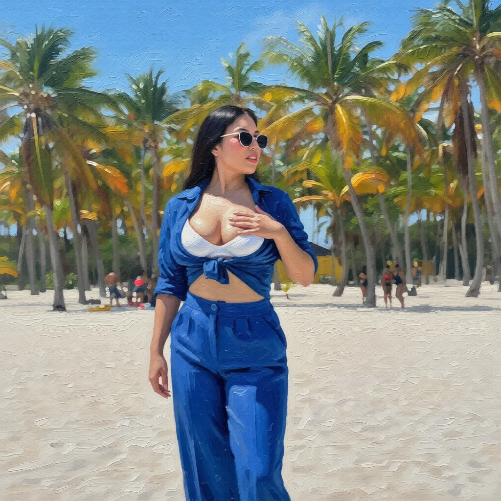 Change her white top for a white bra and her showing and pressing her large_breasts out with her hand_on_own_chest. Repaint the entire picture as an oil painting: visible brush strokes, blended pigment, canvas texture and soft painterly edges throughout, including on the face and the background. Nothing in the frame keeps its photographic appearance.