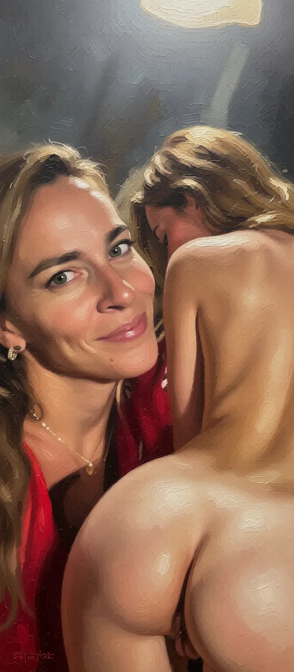 Naked woman shows her backside in doggy-style position. Repaint the entire picture as an oil painting: visible brush strokes, blended pigment, canvas texture and soft painterly edges throughout, including on the face and the background. Nothing in the frame keeps its photographic appearance.