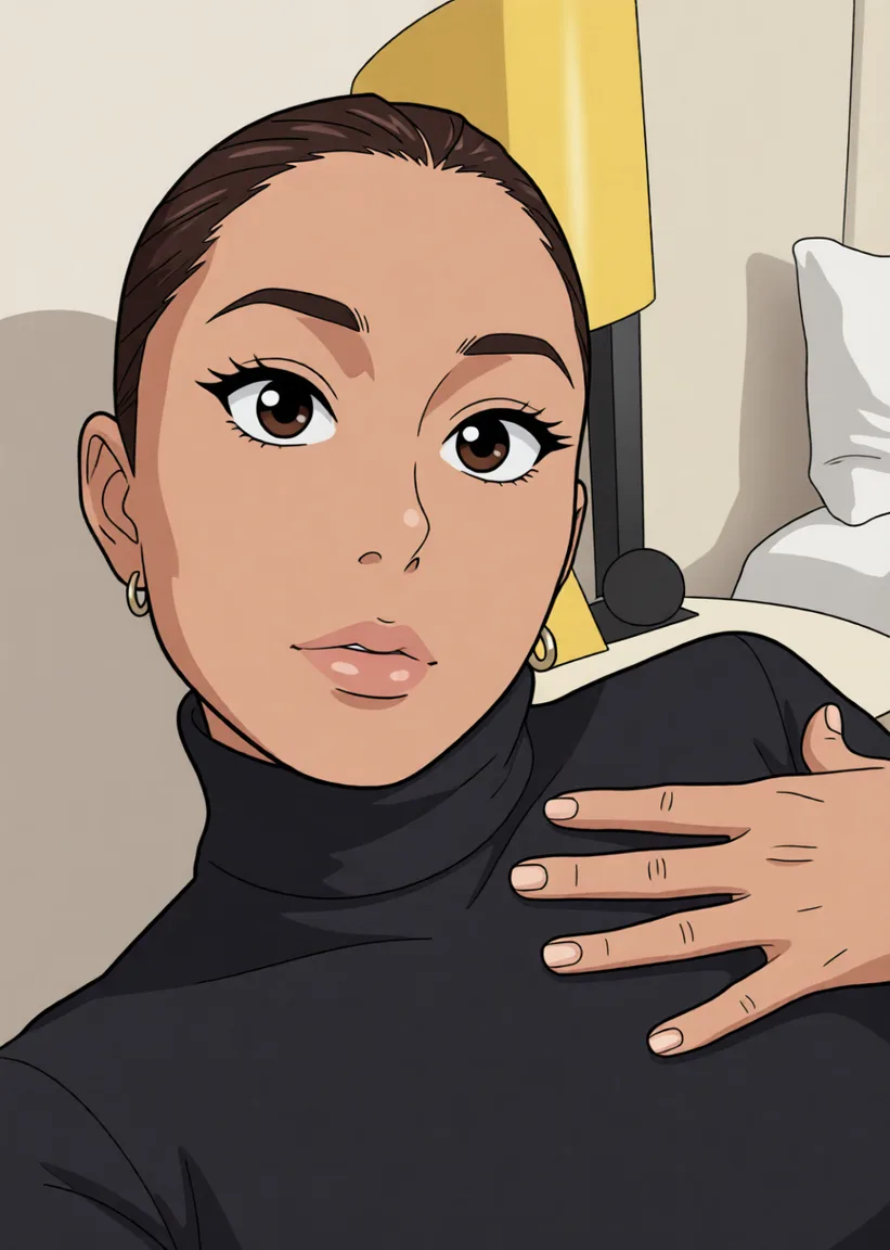 fellatio. Redraw the entire picture as 2D anime artwork: clean cel shading, flat blocks of colour, crisp ink line art, large stylised eyes, simplified anime facial features and simplified anime hair. The background is drawn in the same anime style. Nothing in the frame keeps its photographic appearance.