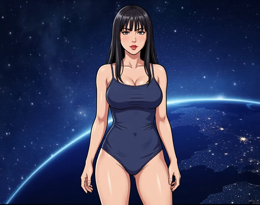She's slender, but she has a D-cup bust, and her collarbones are visible. Please make her a standing illustration in a camisole. Redraw the entire picture as hentai artwork: bold ink outlines, saturated flat colour, glossy cel shading and exaggerated stylised anatomy in the usual manga proportions. The background is drawn in the same style. Nothing in the frame keeps its photographic appearance.