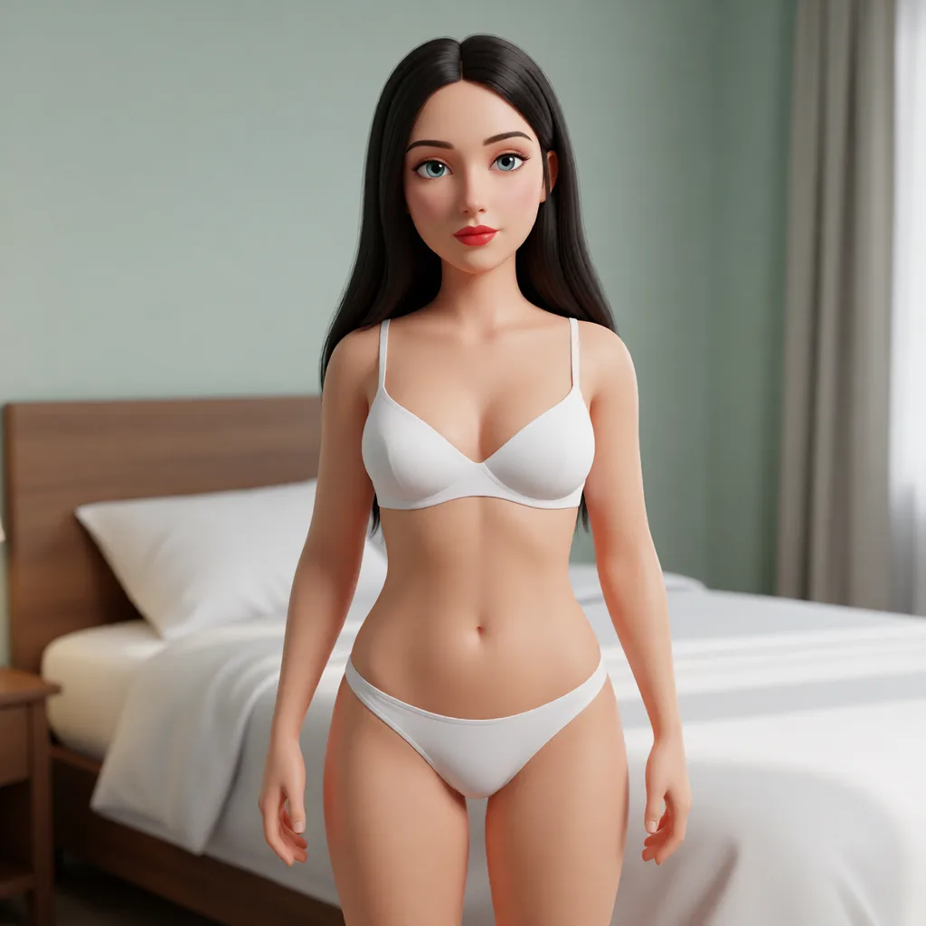 White lingerie standing in the bedroom. Rebuild the entire picture as a stylised 3D character render: smooth matte surfaces, clean subdivided geometry, simplified toy-like proportions and even studio-style CG lighting, in the look of an animated feature rather than of a camera. The background is rendered in the same style. Nothing in the frame keeps its photographic appearance.