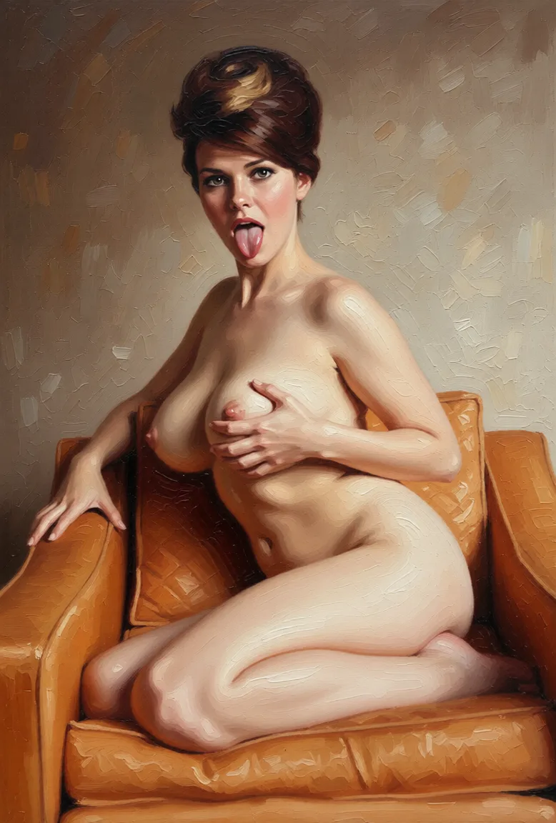 woman opens mouth, sticks out tongue, pushes right breast to mouth and licks nipple. Repaint the entire picture as an oil painting: visible brush strokes, blended pigment, canvas texture and soft painterly edges throughout, including on the face and the background. Nothing in the frame keeps its photographic appearance.