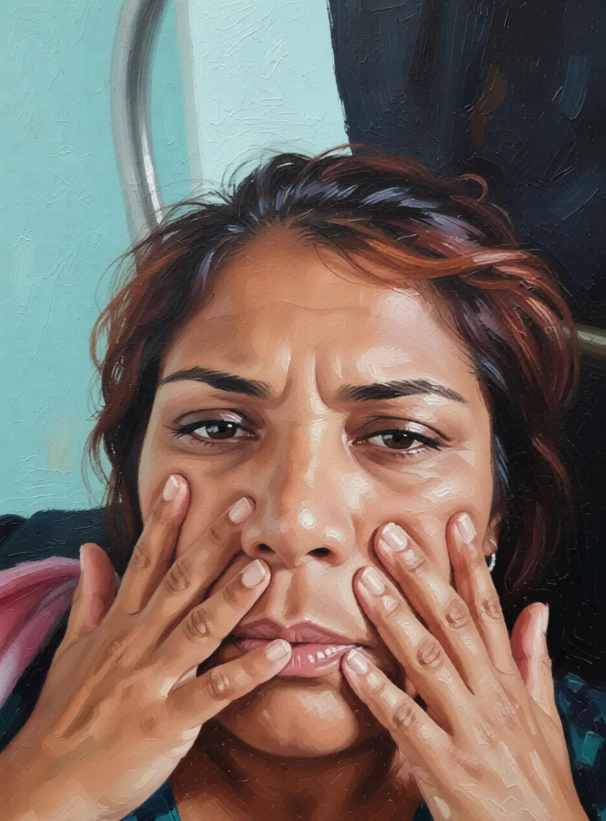 Она без одежды трахтся в аналн. Repaint the entire picture as an oil painting: visible brush strokes, blended pigment, canvas texture and soft painterly edges throughout, including on the face and the background. Nothing in the frame keeps its photographic appearance.