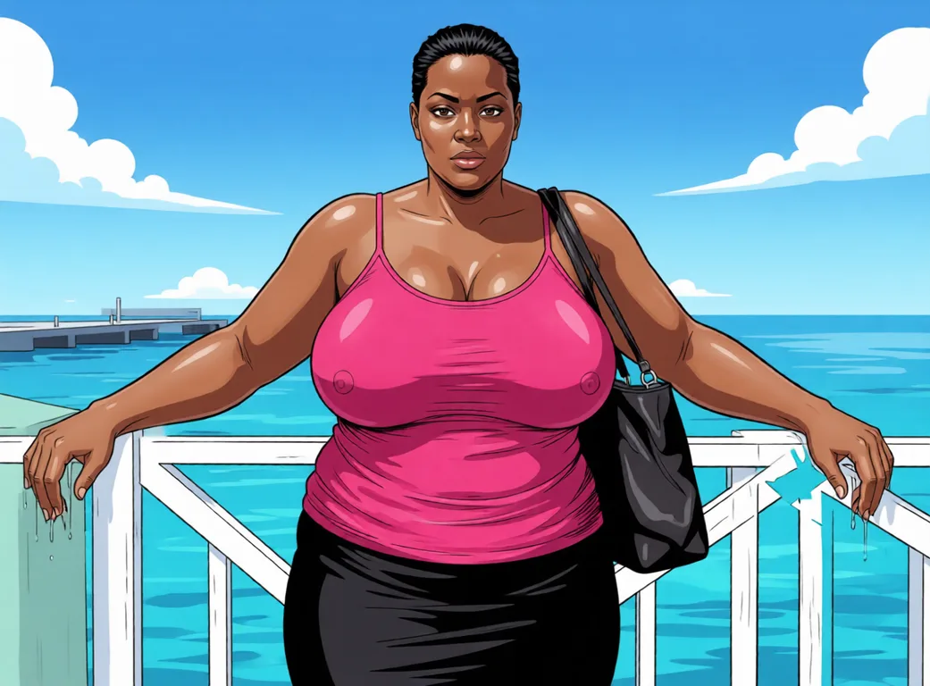 giant woman with huge_breasts. Redraw the entire picture as hentai artwork: bold ink outlines, saturated flat colour, glossy cel shading and exaggerated stylised anatomy in the usual manga proportions. The background is drawn in the same style. Nothing in the frame keeps its photographic appearance.