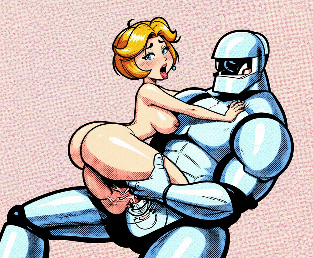 Jane Jetson naked fucking a robot and having an orgasm. Redraw the entire picture as western comic-book art: heavy black inked outlines, hard-edged cel shading, limited high-contrast colour and visible halftone dot texture. The background is drawn in the same style. Nothing in the frame keeps its photographic appearance.