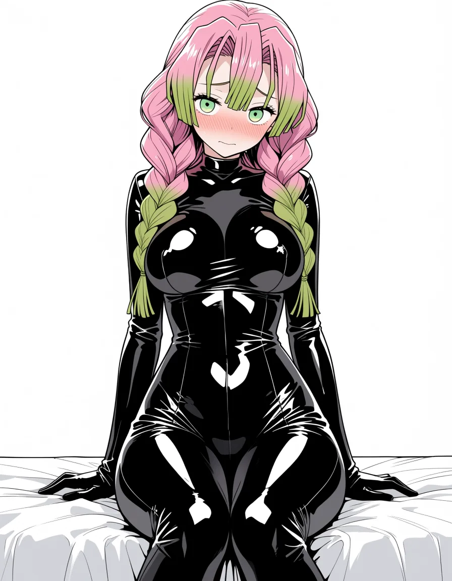 masterpiece, best quality, score_7, newest, anime screenshot, official art, 1girl, kanroji mitsuri, latex skinsuit, embarrassed, sitting, bedroom, (flat color:1.3), hard cel shading, thin crisp lineart, high key daylight, vivid primary palette, bright clean background