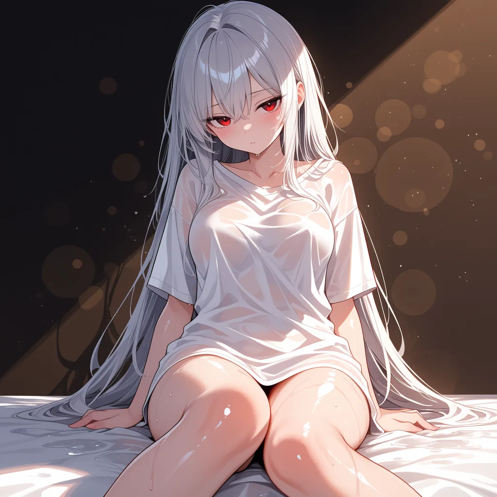 masterpiece, best quality, score_7, newest, highres, absurdres, anime coloring, silver hair, red eyes, oversized shirt, sitting on the end of the bed, morning light, glossy shiny skin, wet highlights, (dim warm lighting:1.2), dramatic rim light, deep shadows, dark bokeh background, sensual mood