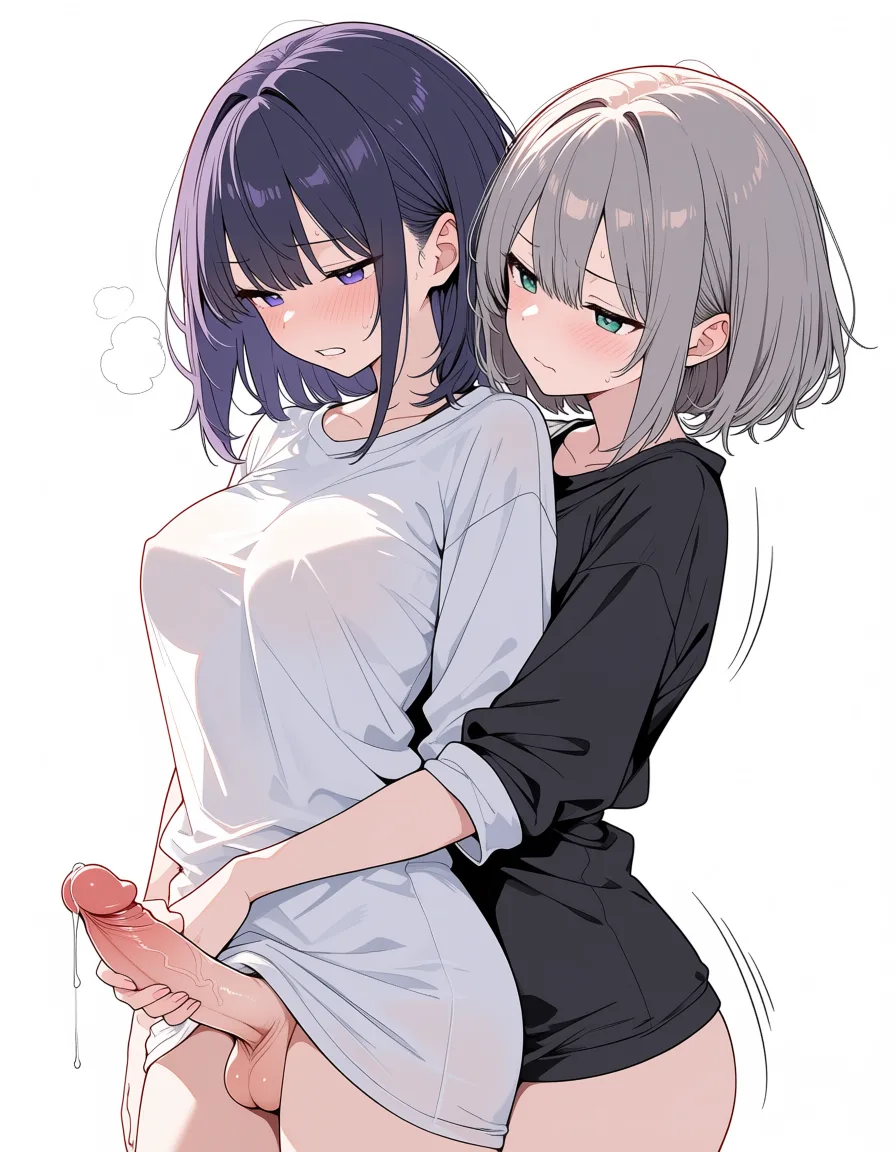 masterpiece, best quality, score_7, newest, anime screenshot, official art, 2girls futanari Masturbating by hand from behind, (flat color:1.3), hard cel shading, thin crisp lineart, high key daylight, vivid primary palette, bright clean background