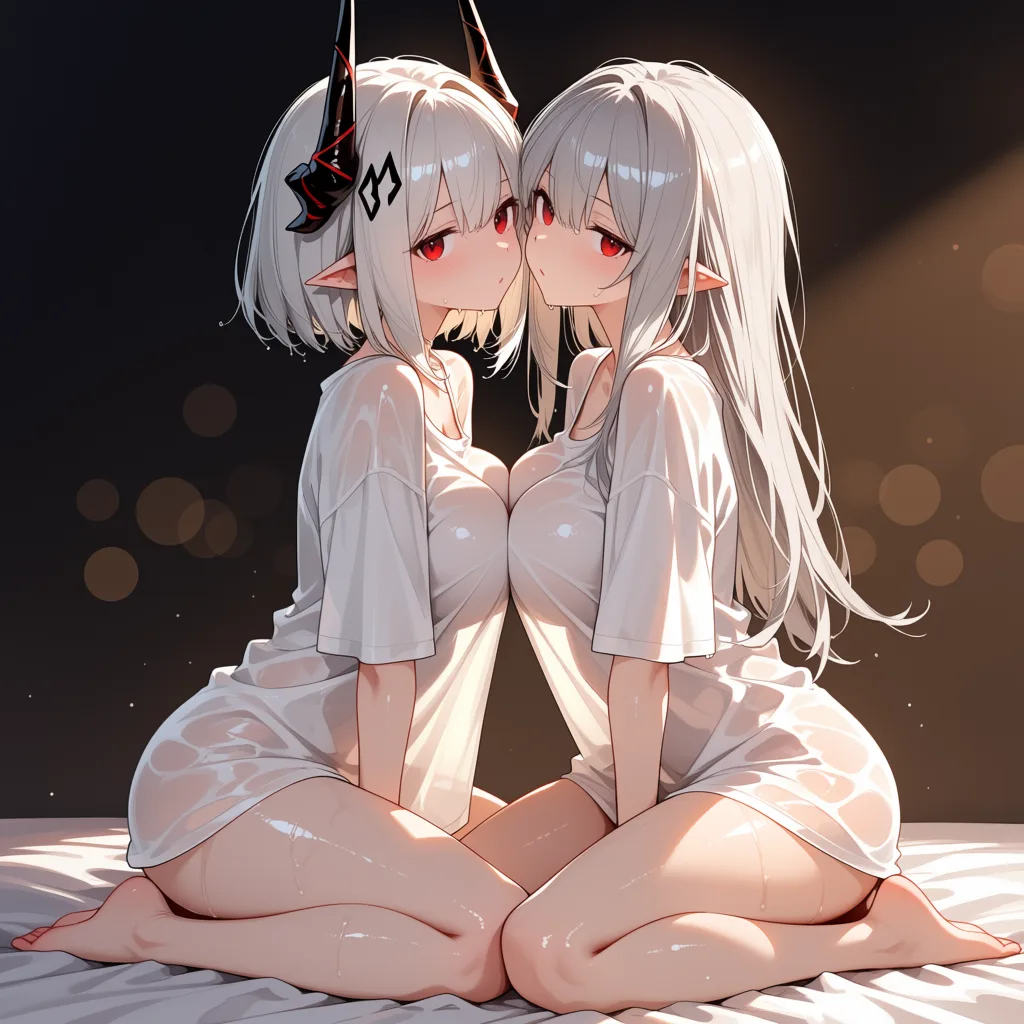 masterpiece, best quality, score_7, newest, highres, absurdres, anime coloring, 2girls, silver hair, red eyes, oversized shirt, sitting on the end of the bed, morning light, mudrock (arknights) surtr (arknights), glossy shiny skin, wet highlights, (dim warm lighting:1.2), dramatic rim light, deep shadows, dark bokeh background, sensual mood