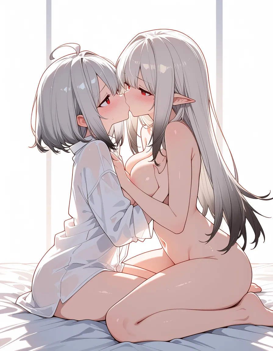 masterpiece, best quality, score_7, newest, anime screenshot, official art, 2girls, silver hair, red eyes, oversized shirt, sitting on the end of the bed, morning light, mudrock (arknights) surtr (arknights) both getting naked while kissing and grabbing eachother, very explicit, (flat color:1.3), hard cel shading, thin crisp lineart, high key daylight, vivid primary palette, bright clean background