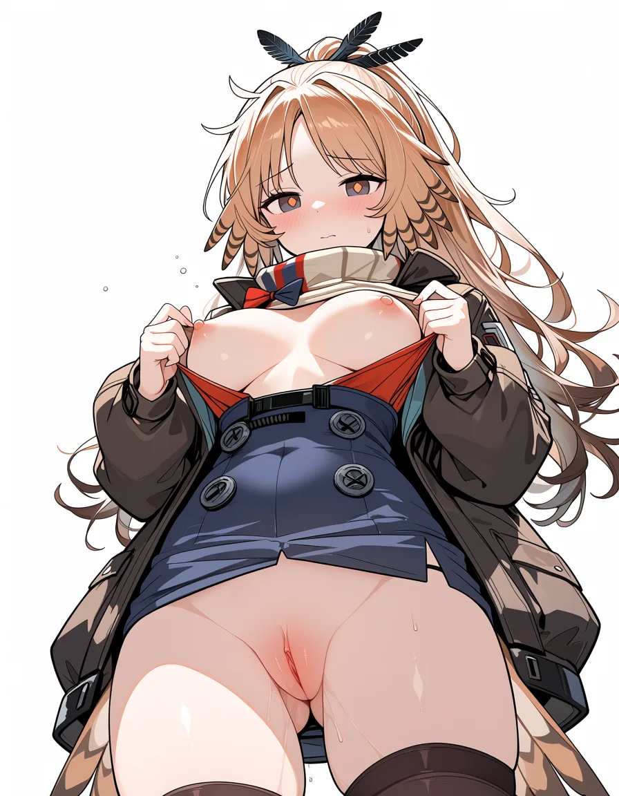 masterpiece, best quality, score_7, newest, anime screenshot, official art, very detailed image of pinecone from arknights stripping and masturbating having her boobs and pussy exposed and all her clothes loose, (flat color:1.3), hard cel shading, thin crisp lineart, high key daylight, vivid primary palette, bright clean background