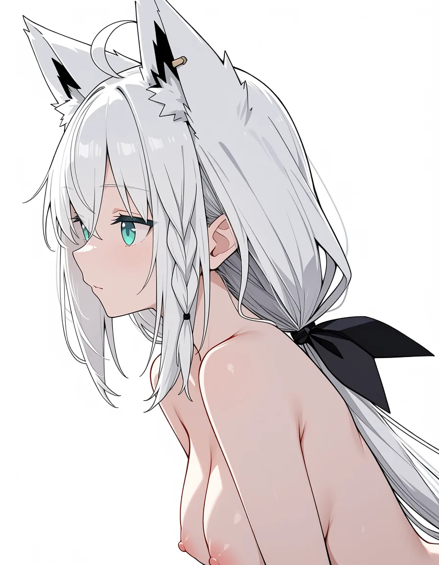 masterpiece, best quality, score_7, newest, anime screenshot, official art, 1girl, shirakami fubuki, nude shirakami fubuki, (flat color:1.3), hard cel shading, thin crisp lineart, high key daylight, vivid primary palette, bright clean background