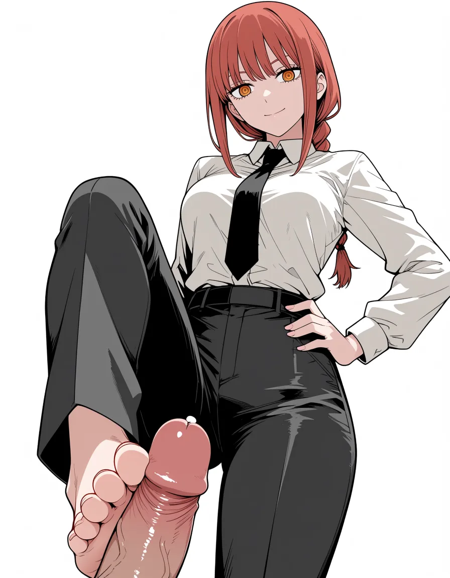 masterpiece, best quality, score_7, newest, anime screenshot, official art, 1girl, makima (chainsaw man) femdom ,footjob, (flat color:1.3), hard cel shading, thin crisp lineart, high key daylight, vivid primary palette, bright clean background
