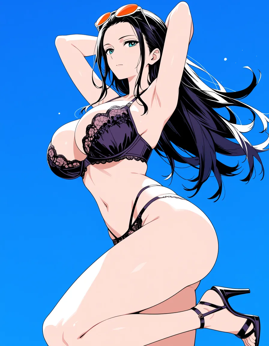 masterpiece, best quality, score_7, newest, anime screenshot, official art, 1girl, nico robin wearing open bra lingerie and high heel sandals with arms behind head, (flat color:1.3), hard cel shading, thin crisp lineart, high key daylight, vivid primary palette, bright clean background