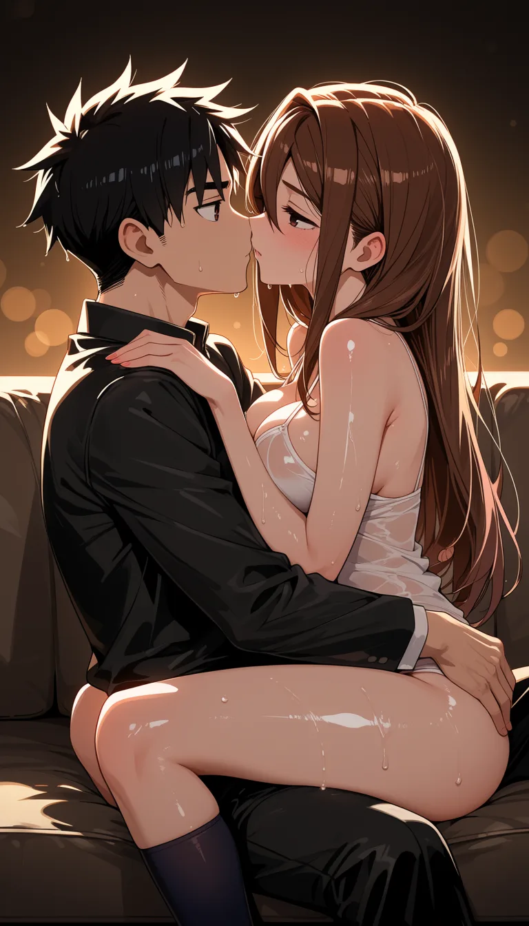 masterpiece, best quality, score_7, newest, highres, absurdres, anime coloring, NSFW, private, 1 man and 1 woman, male student Ken Takakura and female student Momo Ayase from the anime *Dandadan*, the two are sitting side-by-side on a sofa, the two are touching each other, anime screencap, cel shading, glossy shiny skin, wet highlights, dim warm lighting, dramatic rim light, deep shadows, dark bokeh background, sensual mood