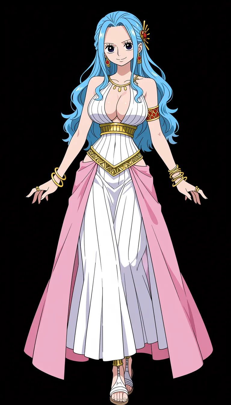 masterpiece, best quality, score_7, newest, anime screenshot, official art, Vivi Nefertari, One Piece style, (full body in frame:1.5), beautiful smile, gentle soft expression, standing, sexy pose, front view, (black background:1.8), small ornate red-and-gold hair accessory on the right side, gold-and-red earrings, white pleated bodice with gold ornamental bands and crisscrossing gold belts around the waist, a large white skirt,  pink over skirt with deep folds, multiple ornate gold bracelets and bangles on both wrists, several decorative rings, simple white open-toed sandals, (flat color:1.3), hard cel shading, thin crisp lineart, high key daylight, vivid primary palette, bright clean background