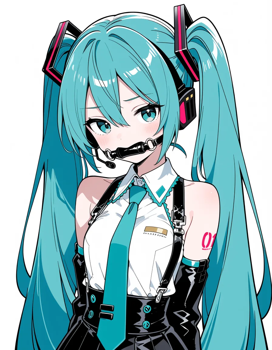 masterpiece, best quality, score_7, newest, anime screenshot, official art, 1girl, hatsune miku bdsm, gagged, vibrator, suspenders, (flat color:1.3), hard cel shading, thin crisp lineart, high key daylight, vivid primary palette, bright clean background