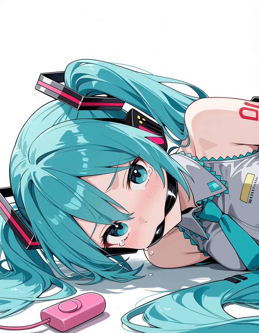 masterpiece, best quality, score_7, newest, anime screenshot, official art, 1girl, bdsm, gagged, tears, vibrator, on on_floor, on_side, speech_bubble, she saying "hmmff" in speech_bubble, hatsune miku, (flat color:1.3), hard cel shading, thin crisp lineart, high key daylight, vivid primary palette, bright clean background