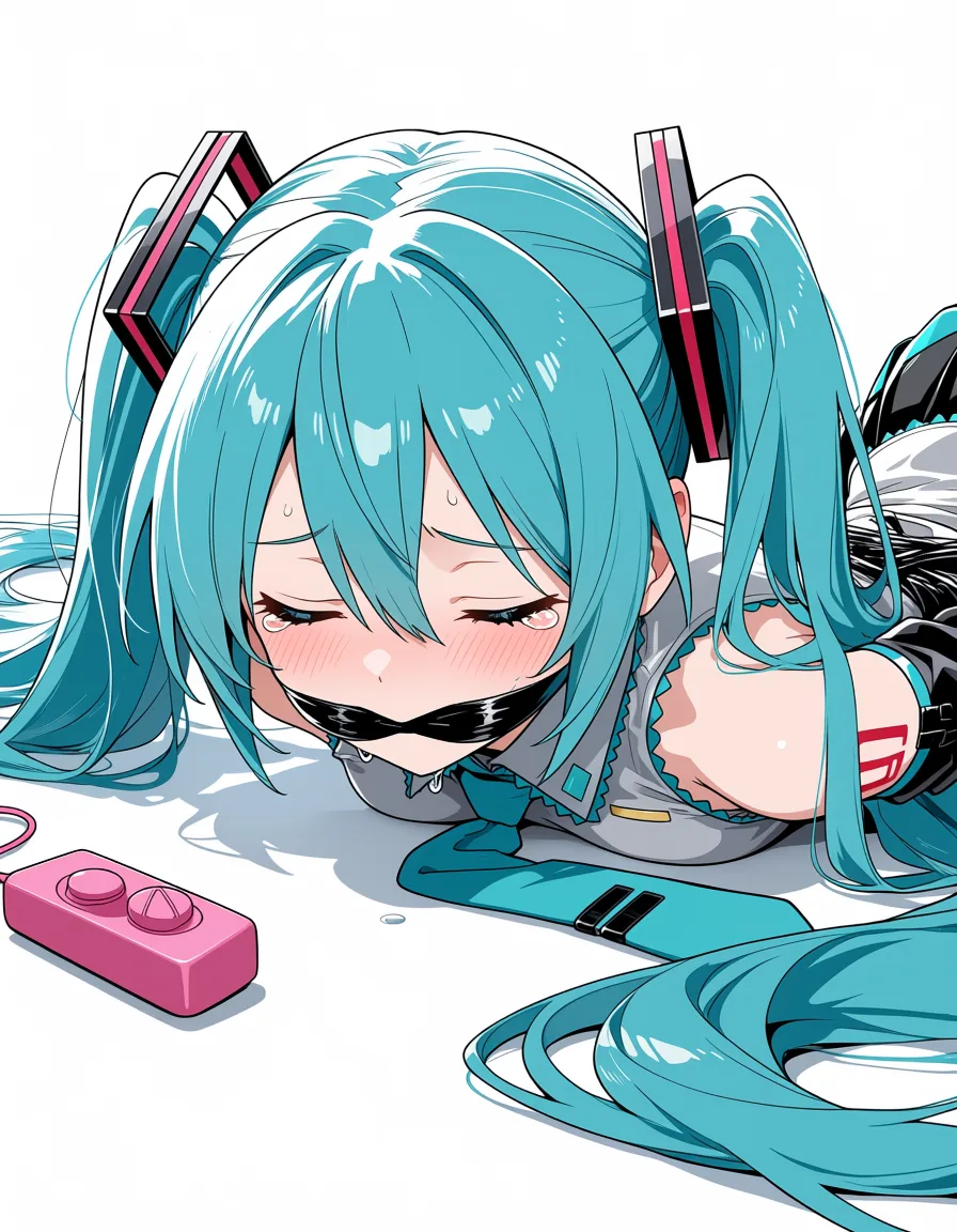 masterpiece, best quality, score_7, newest, anime screenshot, official art, 1girl, bdsm, gagged, tears, vibrator, on on_floor, on_side, speech_bubble, she saying "hmmff" in speech_bubble, hatsune miku, moaning, (flat color:1.3), hard cel shading, thin crisp lineart, high key daylight, vivid primary palette, bright clean background