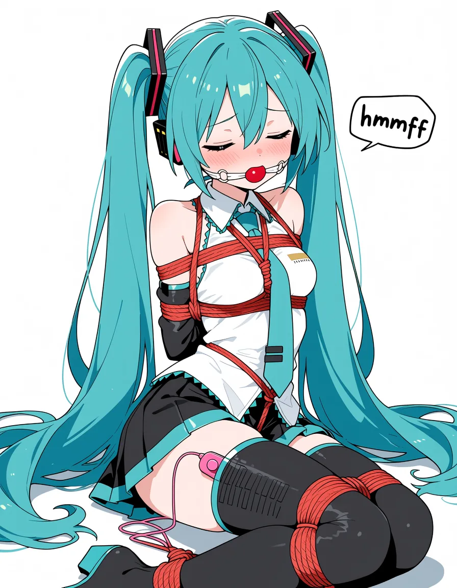 masterpiece, best quality, score_7, newest, anime screenshot, official art, 1girl, bdsm, shibari, gagged, vibrator, on on_floor, on_side, speech_bubble, she saying "hmmff" in speech_bubble, hatsune miku, moaning, (flat color:1.3), hard cel shading, thin crisp lineart, high key daylight, vivid primary palette, bright clean background
