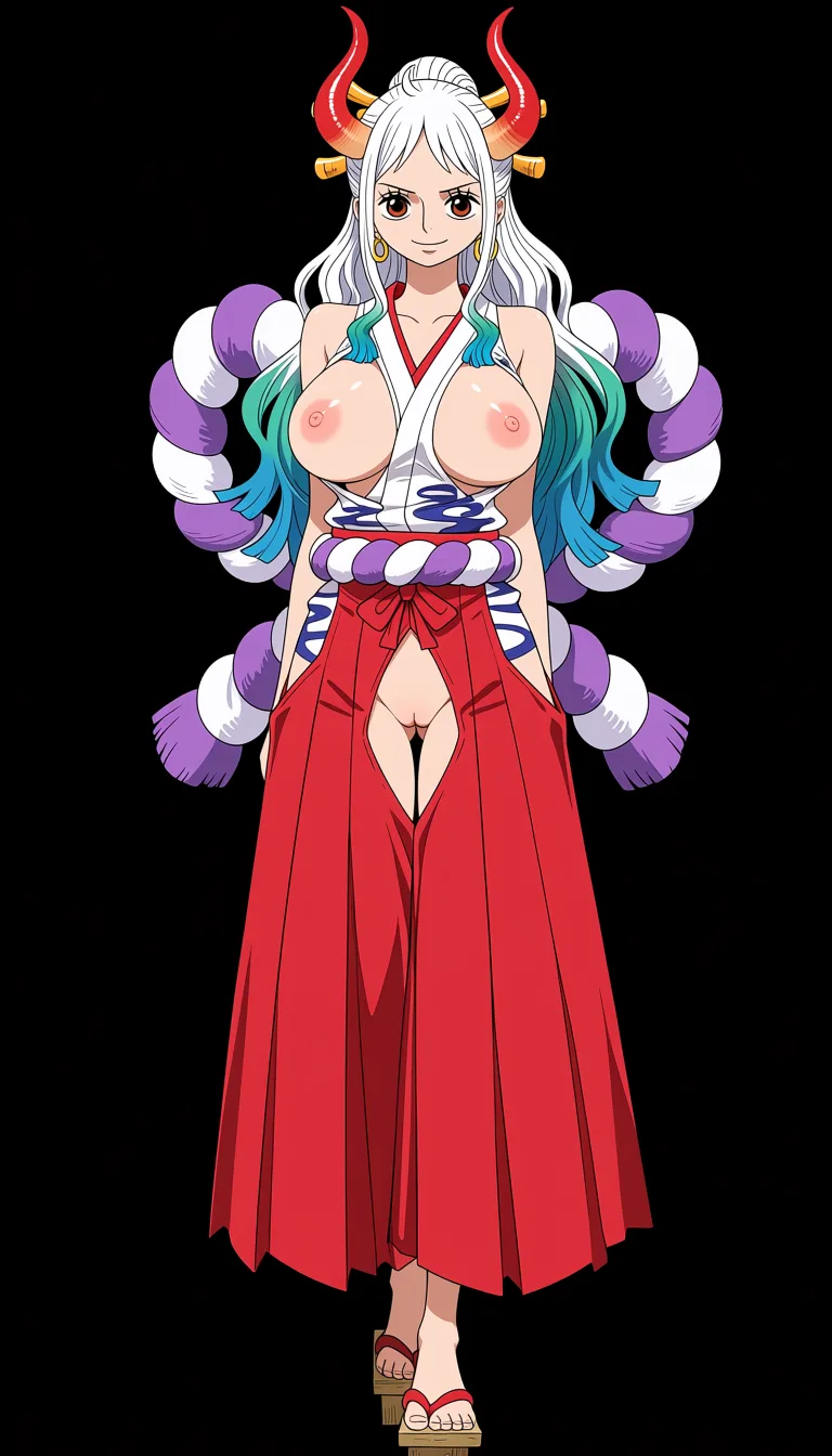 masterpiece, best quality, score_7, newest, anime screenshot, official art, Yamato, (One Piece style:1.7), (full body in frame:1.5), standing, sexy pose, (black background:1.5), long white hair with turquoise and light-blue tips, two red curved oni horns, gentle gaze and confident smile, white sleeveless Japanese-style top with a red neckline and the chest area completely cutout to let the full naked breasts and nipples out, (naked breasts and nipples fully visible and exposed:1.5), red hakama skirt with big crotch cutout fully exposing vagina, naked pussy fully visible and exposed through crotch cutout, purple rope belt around the waist, traditional wooden sandals, (flat color:1.3), hard cel shading, thin crisp lineart, high key daylight, vivid primary palette, bright clean background