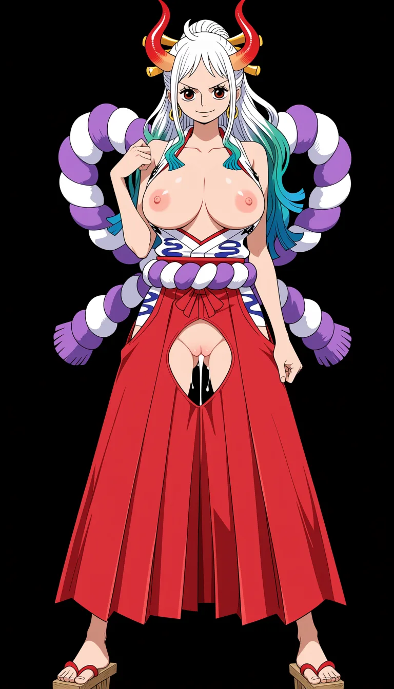 masterpiece, best quality, score_7, newest, anime screenshot, official art, Yamato, (One Piece style:1.8), (full body in frame:1.9), standing, (confident sexy pose:1.7), (black background:1.8), (simple shadows:1.7), long white hair with turquoise and light-blue tips, two red curved oni horns, bright white smile, long legs, white sleeveless Japanese-style top with a red neckline and the chest area completely cutout to let the full naked breasts and nipples out, (naked breasts and nipples fully visible and exposed:1.7), (long red hakama skirt with big crotch cutout fully exposing vagina:1.6), naked pussy fully visible and exposed through crotch cutout, purple rope belt around the waist, traditional wooden sandals, massive amount of sperm dripping from pussy, (flat color:1.3), hard cel shading, thin crisp lineart, high key daylight, vivid primary palette, bright clean background