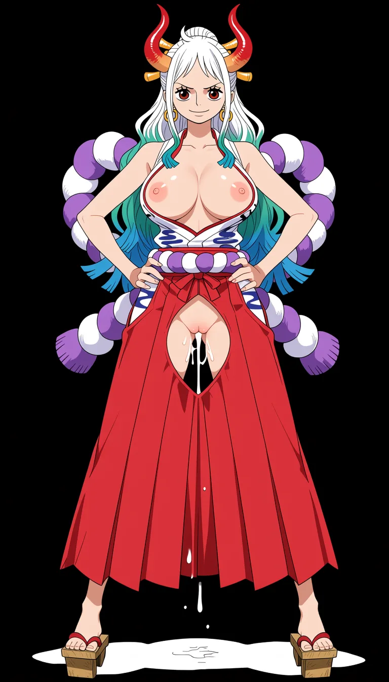 masterpiece, best quality, score_7, newest, anime screenshot, official art, Yamato, (One Piece style:1.8), (full body in frame:1.9), standing, (confident sexy pose:1.6), (black background:1.8), (simple shadows:1.7), long white hair with turquoise and light-blue tips, two red curved oni horns, bright white smile, long legs, (white sleeveless Japanese-style top with a red neckline and the chest area completely cutout to let the full naked breasts and nipples out:1.5), (naked breasts and nipples fully visible and exposed:1.7), (long red hakama skirt with big crotch cutout fully exposing vagina:1.6), naked pussy fully visible and exposed through crotch cutout, purple rope belt around the waist, traditional wooden sandals, massive amount of sperm dripping from pussy, (flat color:1.3), hard cel shading, thin crisp lineart, high key daylight, vivid primary palette, bright clean background