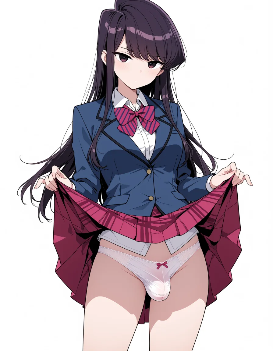 masterpiece, best quality, score_7, newest, anime screenshot, official art, 1girl, komi shouko , Sits on the bed, school uniform, lifts the skirt with her hands, futanari, cock under the panties., (flat color:1.3), hard cel shading, thin crisp lineart, high key daylight, vivid primary palette, bright clean background