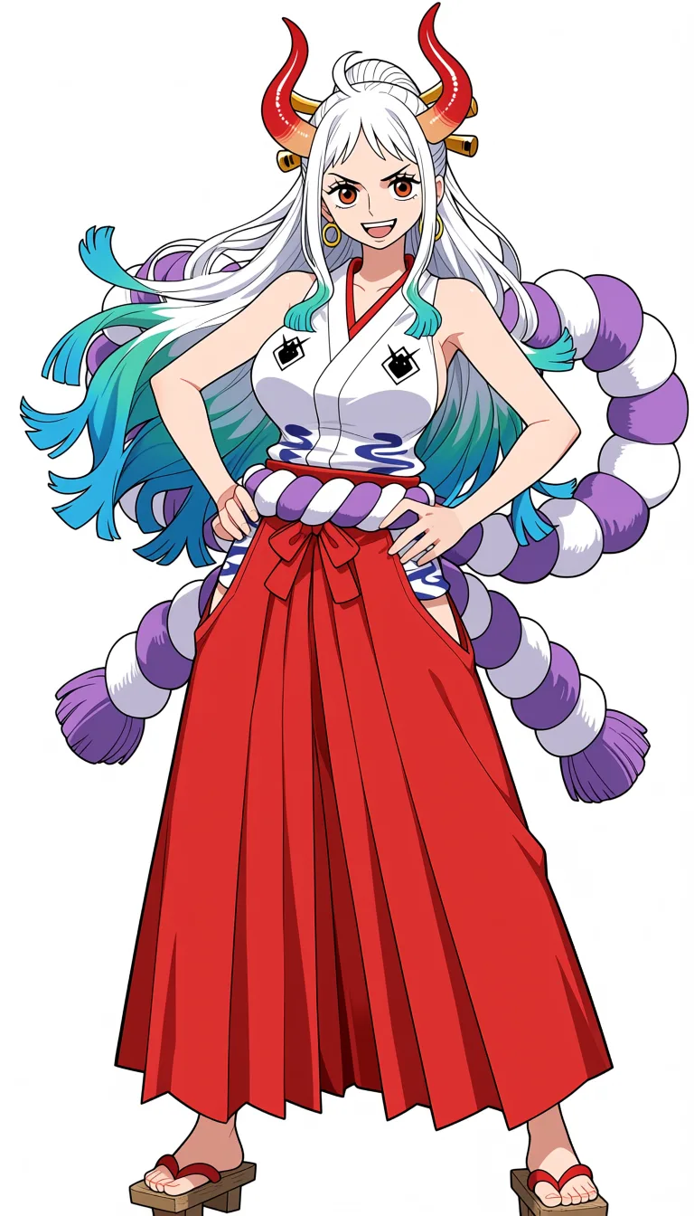 masterpiece, best quality, score_7, newest, anime screenshot, official art, Yamato, One Piece style, (full body in frame:1.5), standing, sexy pose, black background, long white hair with turquoise and light-blue tips, two red curved oni horns, confident and cheerful expression, white sleeveless Japanese-style top with a red neckline, red hakama skirt, purple rope belt around the waist, traditional wooden sandals,, (flat color:1.3), hard cel shading, thin crisp lineart, high key daylight, vivid primary palette, bright clean background