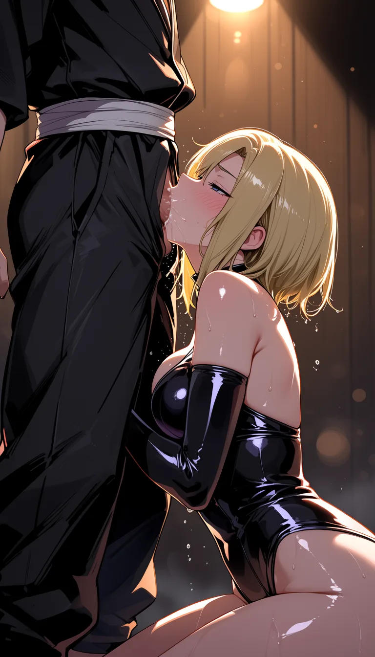 masterpiece, best quality, score_7, newest, highres, absurdres, anime coloring, 1boy, 2girls, bright lighting, ino yamanaka, purple skin raven (dc), blonde hair, costume, deepthroat fellatio on uzumaki naruto dutch_angle from_behind ejaculation in shower, glossy shiny skin, wet highlights, (dim warm lighting:1.2), dramatic rim light, deep shadows, dark bokeh background, sensual mood