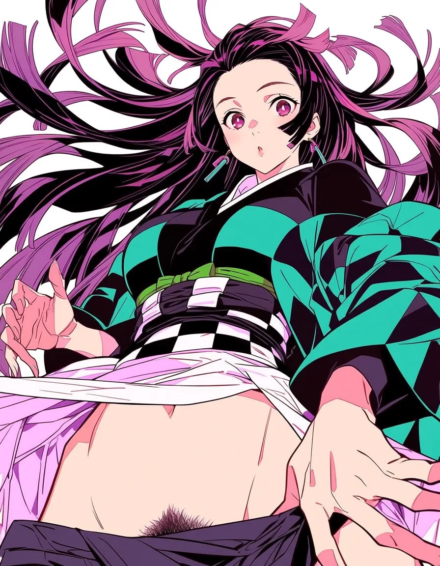 masterpiece, best quality, score_7, newest, anime screenshot, official art, 1girl, genderswap, bedroom, before_and_after, clothes_pull, surprised, pubic_hair , clitoris kamado tanjirou, (flat color:1.3), hard cel shading, thin crisp lineart, high key daylight, vivid primary palette, bright clean background