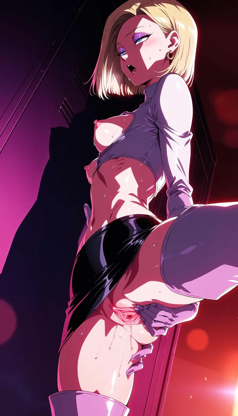 masterpiece, best quality, score_7, newest, highres, absurdres, anime coloring, 1boy, 1girl, bright lighting, cell (dbz), android 18, white team rocket uniform, arched_back, spread ass, spread pussy, moaning, pussy_juice, smaller breasts, presenting, begging for cock, breasts_out, fucked from behind by son goku, thigh high boots, black latex miniskirt, dutch_angle, sex_from_behind, see-through_clothes, sweating, purple eyeshadow, skinny, white team rocket uniform, leg lift against wall, locker room 4, glossy shiny skin, wet highlights, (dim warm lighting:1.2), dramatic rim light, deep shadows, dark bokeh background, sensual mood