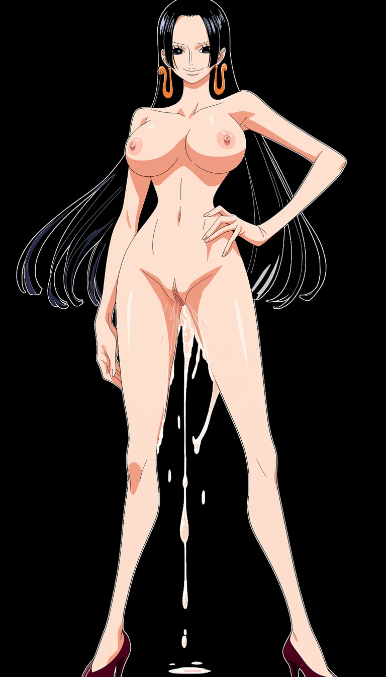 masterpiece, best quality, score_7, newest, anime screenshot, official art, Boa Hancock, (One Piece style:1.6), (full body in frame:1.8), standing, confident sexy pose, gentle expression and smile, (long legs:1.6), (black background:1.7), (long straight black hair:1.6), naked, one hand on hip, naked breasts and nipples fully exposed, naked pussy fully exposed, dark red high-heeled shoes, (big amount of sperm dripping from pussy:1.5), (flat color:1.3), hard cel shading, thin crisp lineart, high key daylight, vivid primary palette, bright clean background