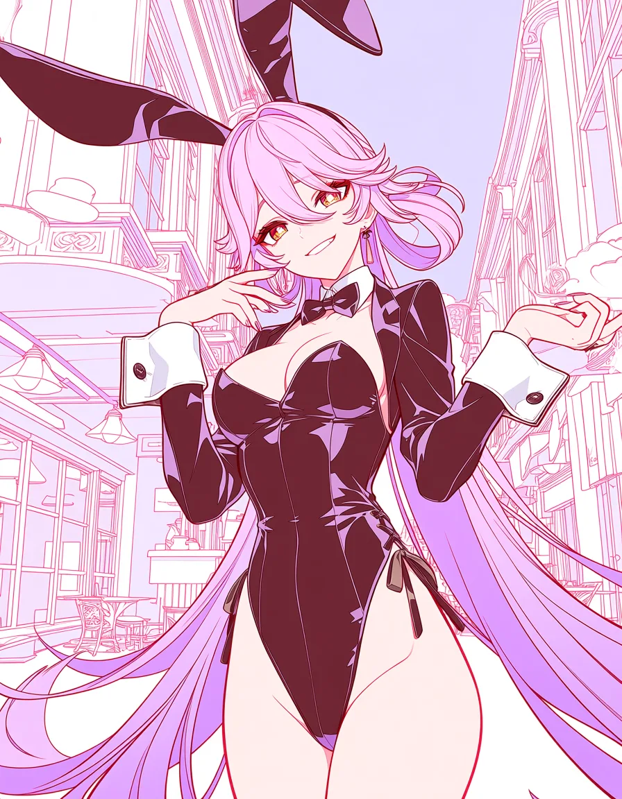 masterpiece, best quality, score_7, newest, anime screenshot, official art, 1girl, hu tao (genshin impact) futanari , dick , bunny outfit , nipples , cafe, (flat color:1.3), hard cel shading, thin crisp lineart, high key daylight, vivid primary palette, bright clean background