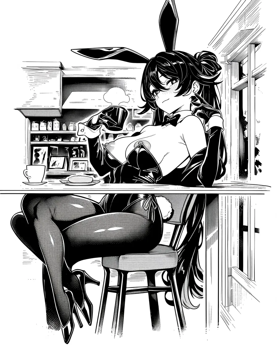 masterpiece, best quality, score_7, newest, manga, monochrome, greyscale, 1girl, hu tao (genshin impact) futanari , dick , bunny outfit , nipples , cafe, (monochrome:1.7), (greyscale:1.7), screentone, halftone dots, ink hatching, bold black spotting, white background