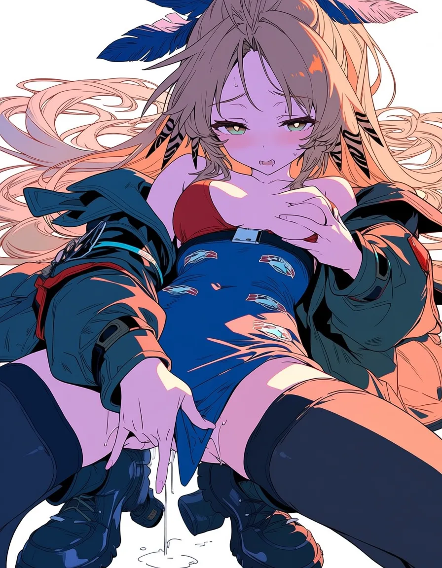 masterpiece, best quality, score_7, newest, anime screenshot, official art, pinecone from arknights stripping and masturbating very explicitly, (flat color:1.3), hard cel shading, thin crisp lineart, high key daylight, vivid primary palette, bright clean background