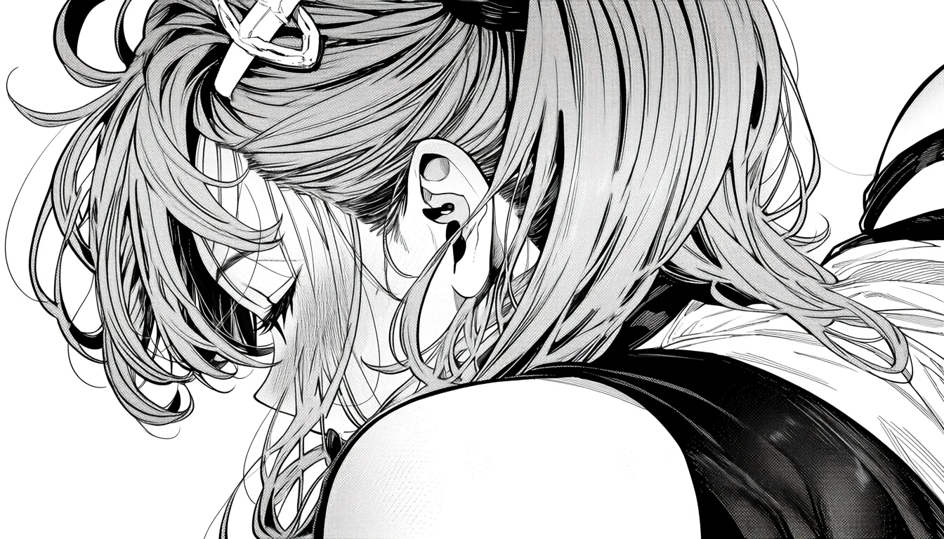 masterpiece, best quality, score_7, newest, manga, monochrome, greyscale, 1girl, best quality, intricate details, milf, bare shoulders, hairclip, heart, missionary, close-up, anime style, bulma, (monochrome:1.7), (greyscale:1.7), screentone, halftone dots, ink hatching, bold black spotting, white background